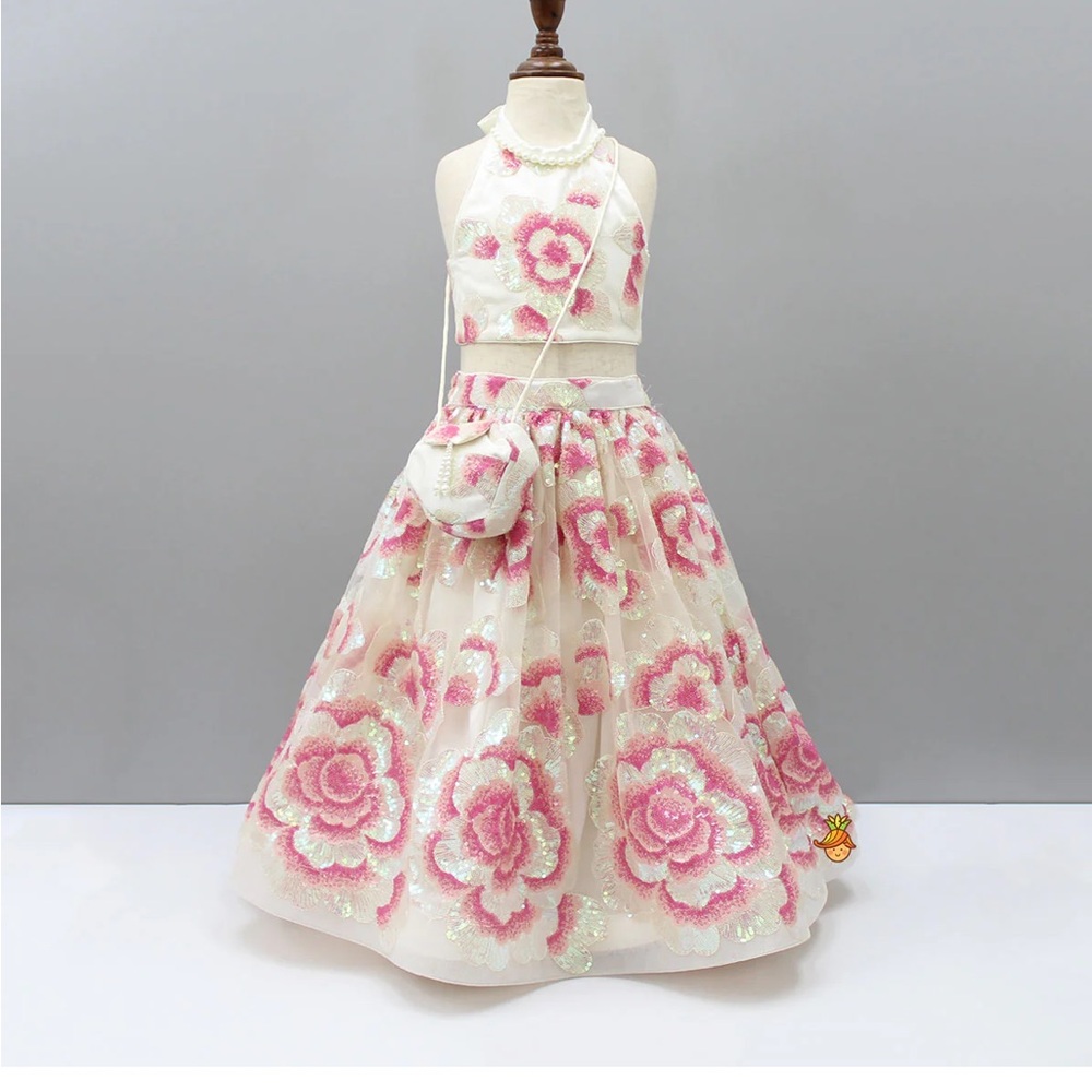 Little Muffet Sequins Floral Embroidered Off White Top And Lehenga